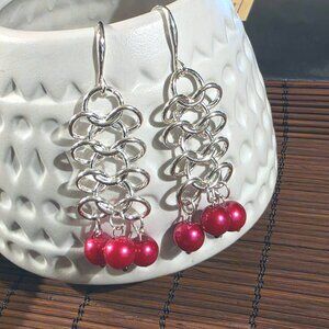 Handmade Red Glass Pearls Edgy Sterling Silver Plated Chainmaille Earrings